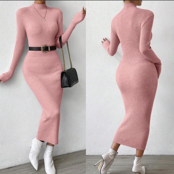 Sexy mock neck ribbed long sleeve bodycon fitted maxi sweater dress - Picture 12 of 16